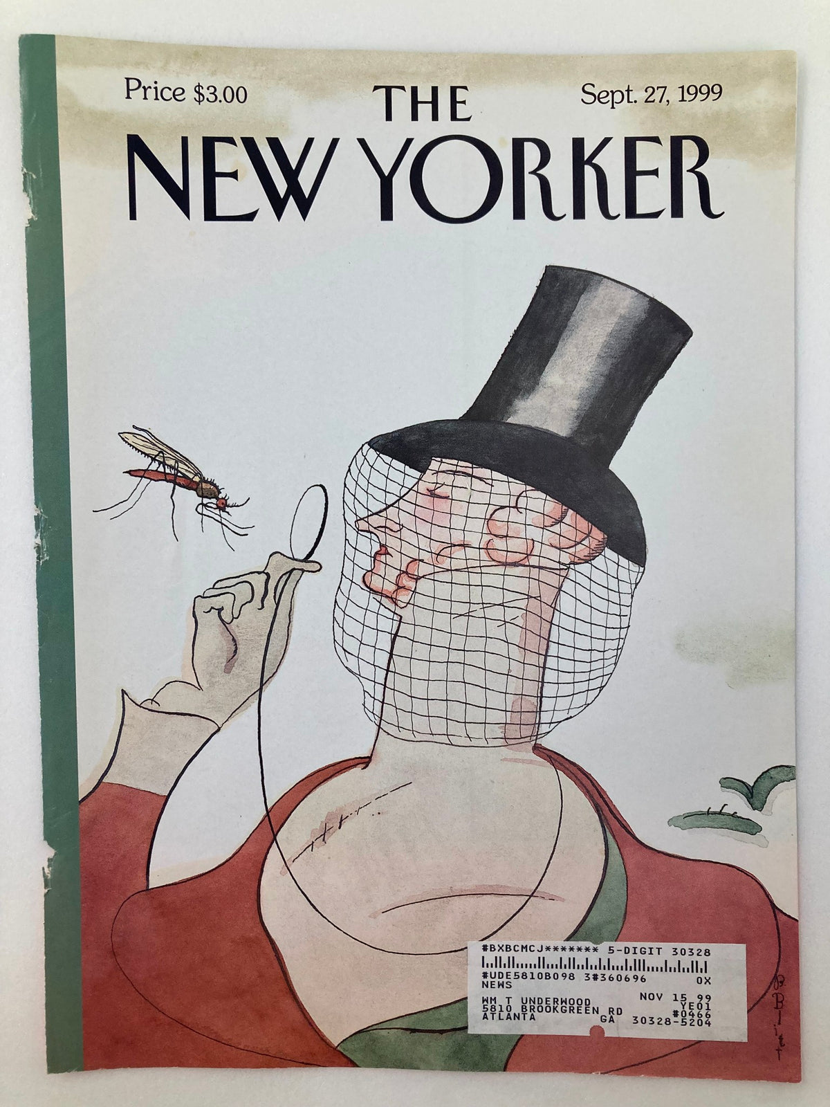 COVER ONLY The New Yorker September 27 1999 featuring a whimsical illustration by Barry Blitt, showcasing a character in a top hat with a protective net, capturing the magazine's cultural commentary from that era.