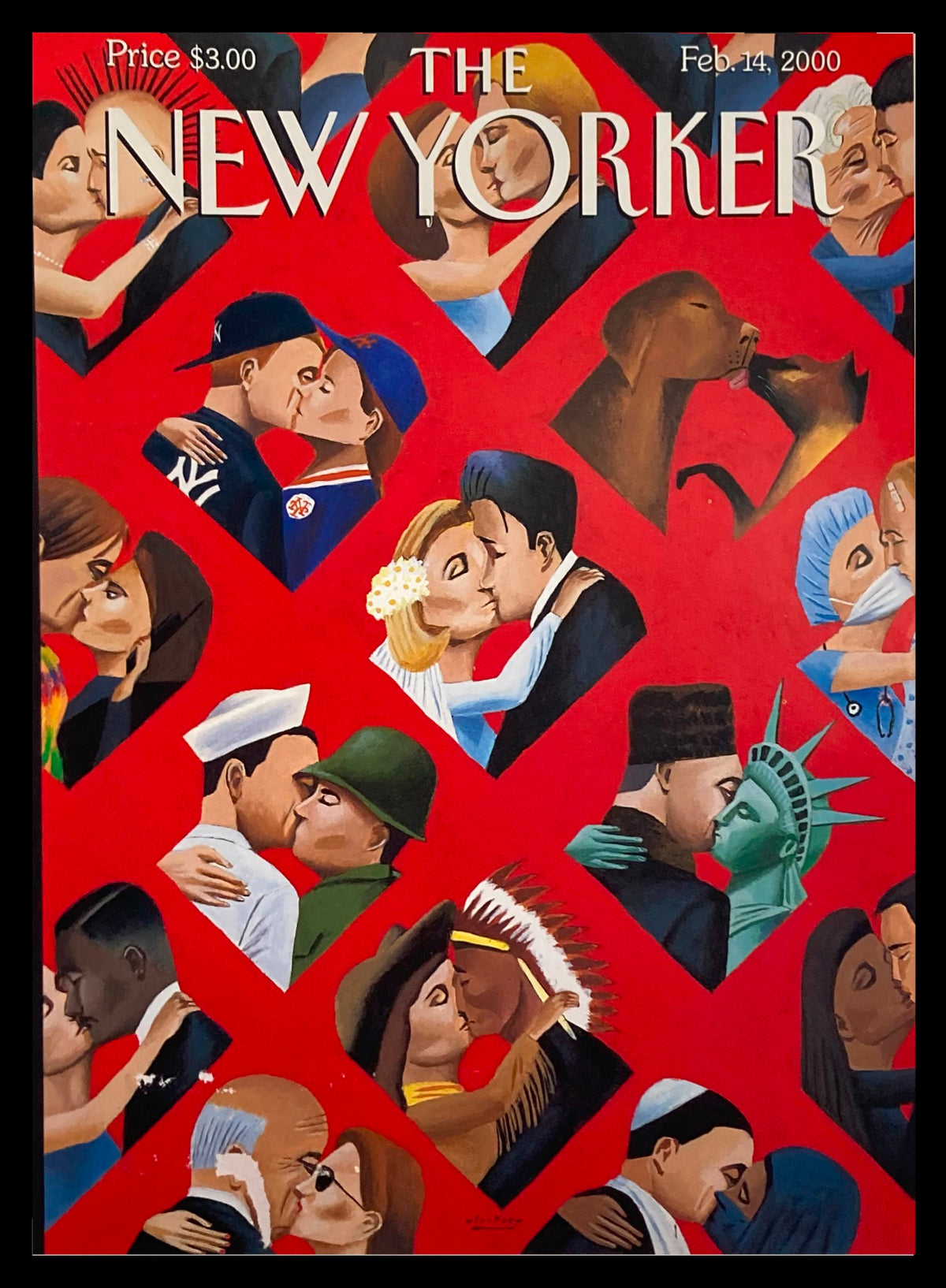COVER ONLY The New Yorker February 14 2000 featuring a vibrant Valentine's Day illustration by Mark Ulriksen, showcasing couples in various affectionate poses on a red background.