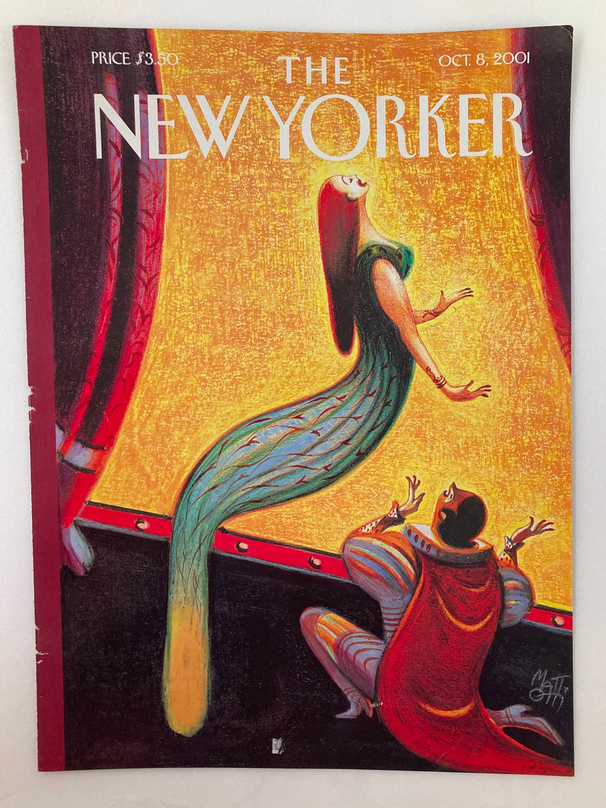 The New Yorker cover dated October 8, 2001, by Lorenzo Mattotti, showcasing the artwork 'Rising Voices' with a bold and striking design, perfect for collectors and art enthusiasts.