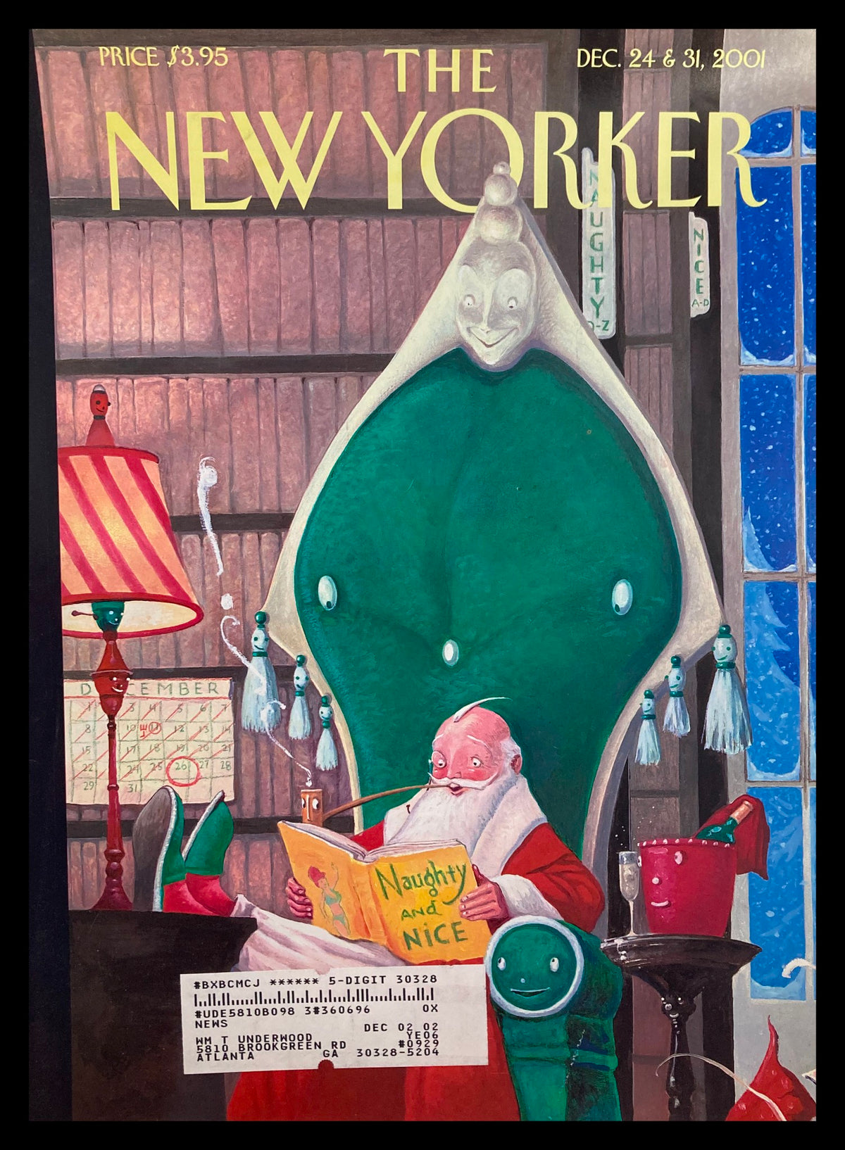 Cover of The New Yorker December 24, 2001 titled 'Naughty and Nice' featuring a festive scene with Santa reading and whimsical decorations.