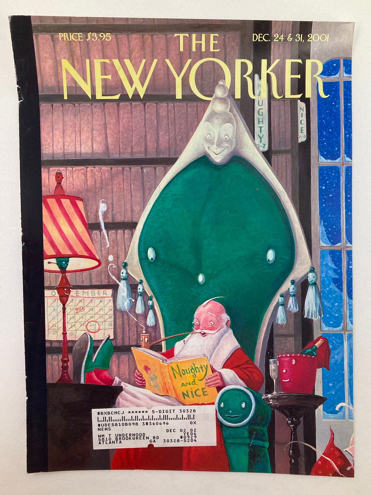 Cover of The New Yorker December 24, 2001 titled 'Naughty and Nice' depicting Santa in a cozy setting with holiday decorations and an inviting atmosphere.