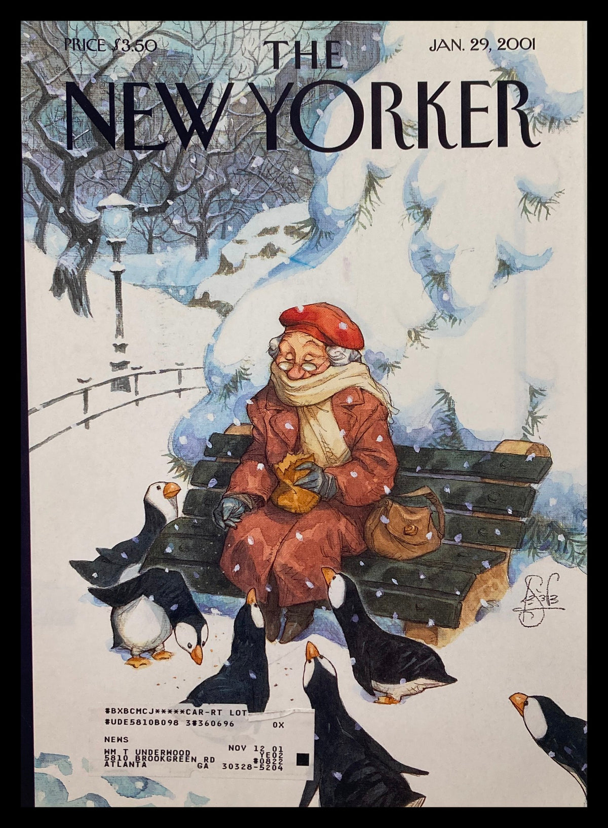 Cover of The New Yorker January 29, 2001 featuring the illustration 'Feeding Penguins' by Peter de Seve, depicting a woman in winter attire feeding penguins on a snowy park bench.