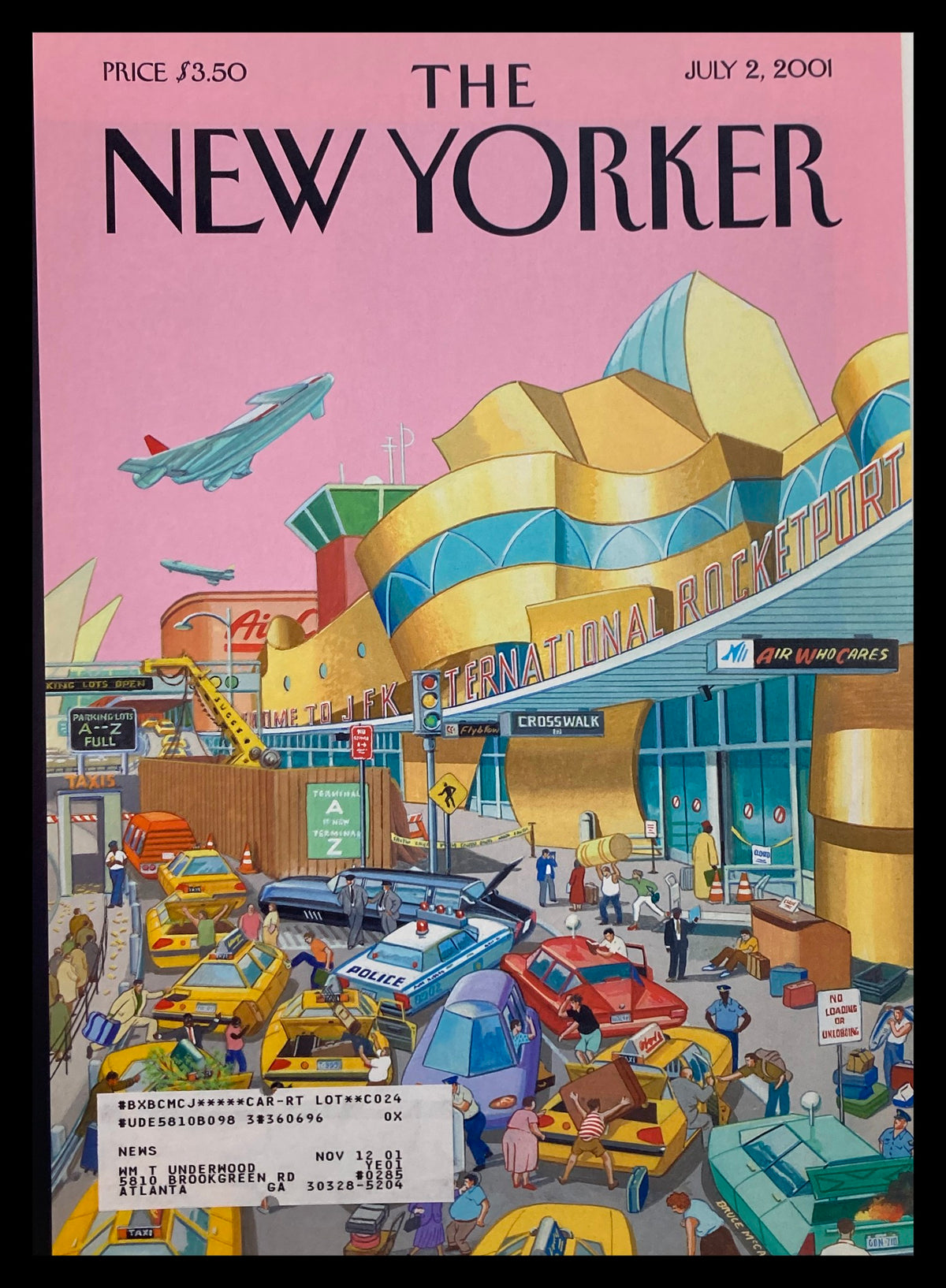 The New Yorker Cover Only July 2 2001 featuring an illustration of JFK International Rocketport 2025 with colorful vehicles and an airplane in the sky, reflecting imaginative themes of travel and technology.