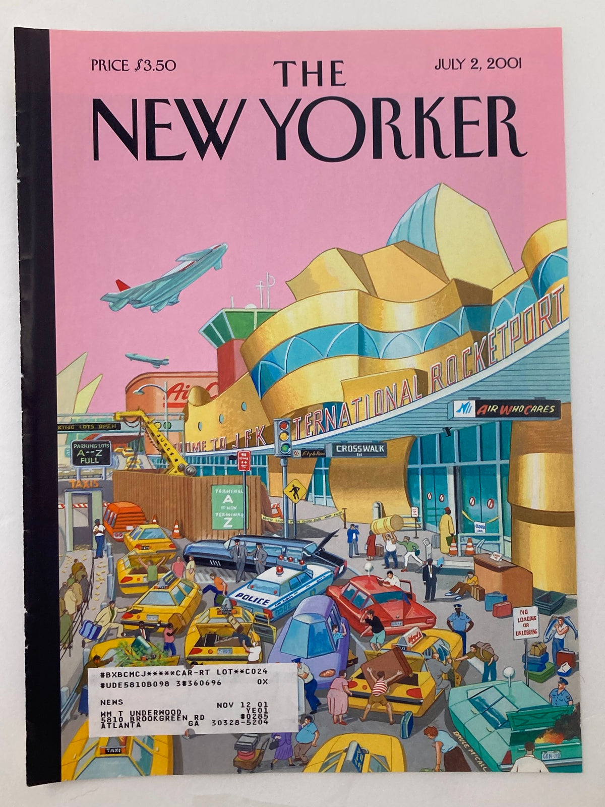 The New Yorker Cover Only July 2 2001 showcasing the artwork of JFK International Rocketport 2025, depicting a vibrant scene with diverse vehicles and a plane above, emphasizing creative visions of the future.