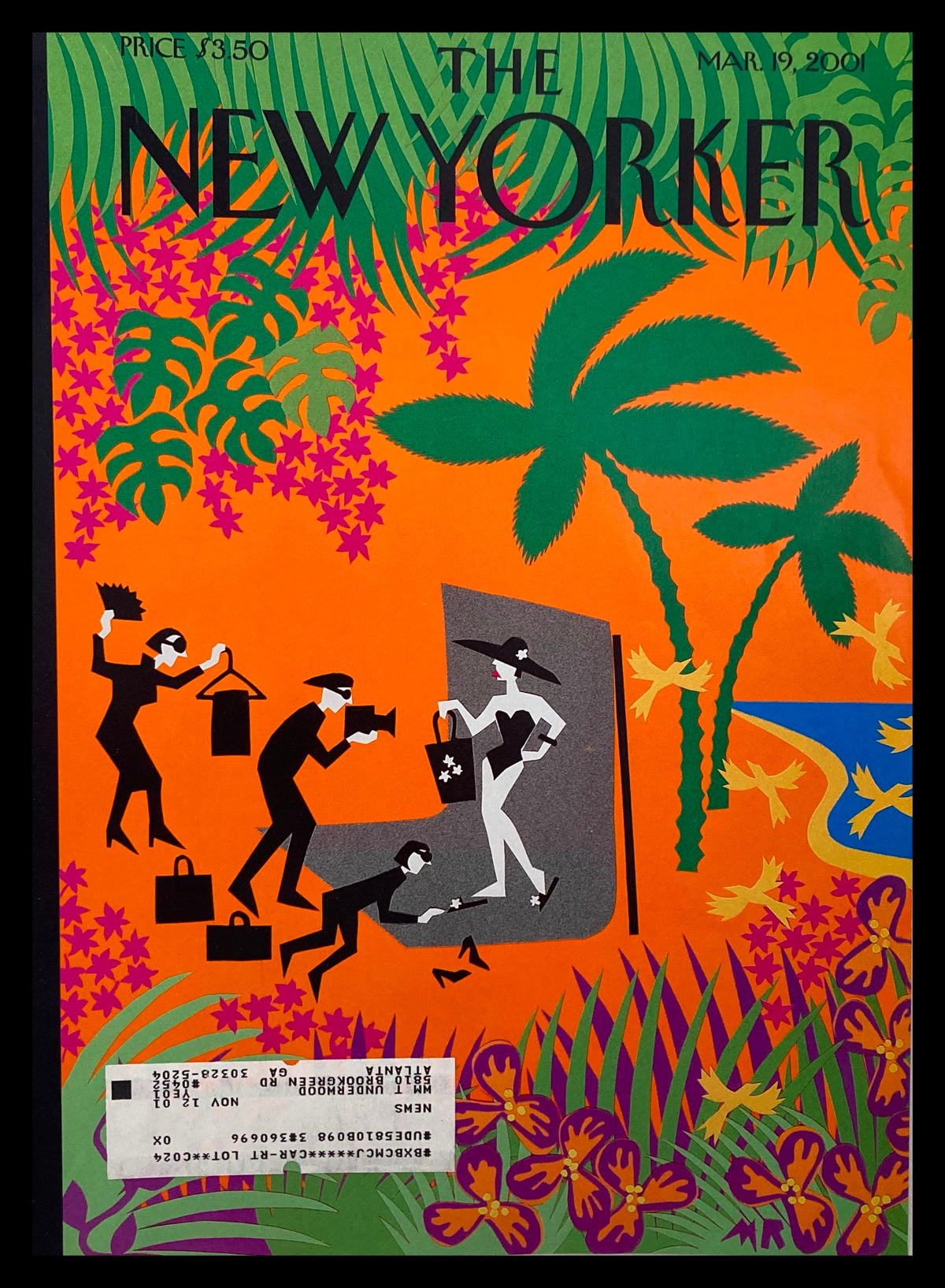 Cover of The New Yorker March 9 2001 featuring vibrant jungle fashion illustration by Michael Roberts, showcasing figures against a bright orange background with palm trees.