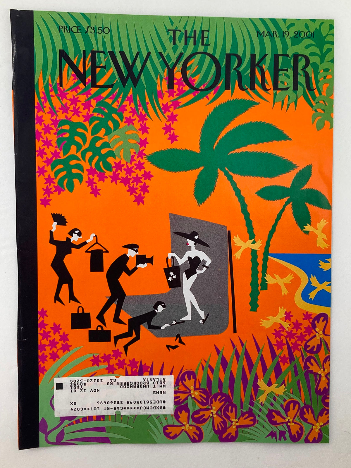 Cover of The New Yorker March 9 2001 depicting jungle fashion art by Michael Roberts, featuring stylish characters and a lush tropical setting.