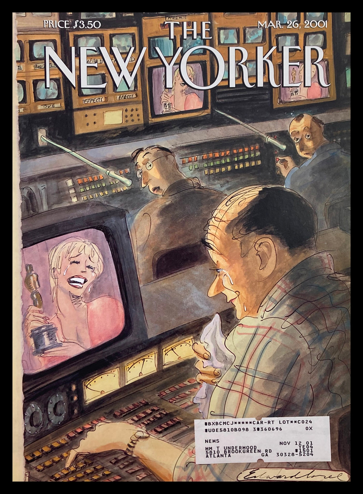 COVER ONLY The New Yorker March 26 2001 Mister Softee featuring whimsical illustration by Edward Sorel, depicting vibrant scenes with characters interacting around television monitors.