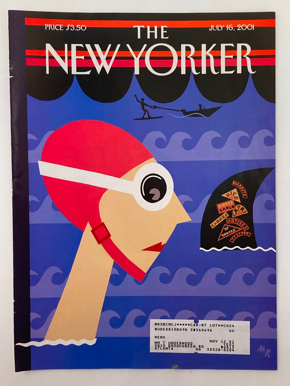The New Yorker July 16 2001 Cover Only with the artwork Fin de Voyage by Michael Roberts, depicting a swimmer in a stylish red swim cap, set against a vibrant blue sea.