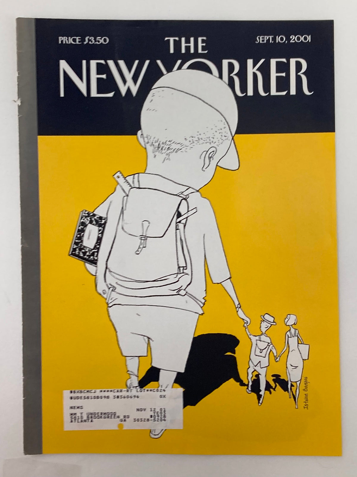 The New Yorker cover dated September 10, 2001, titled 'Big Boy' by Istvan Banyai, showcasing an illustrated boy in a yellow background walking with two people, highlighting its artistic significance.