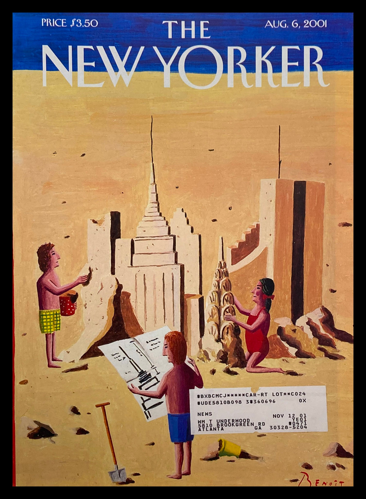 Cover art of The New Yorker dated August 6, 2001, titled 'Young Architects' by Benoit van Innis, featuring children building sand sculptures of famous skyscrapers in a vibrant, whimsical style.