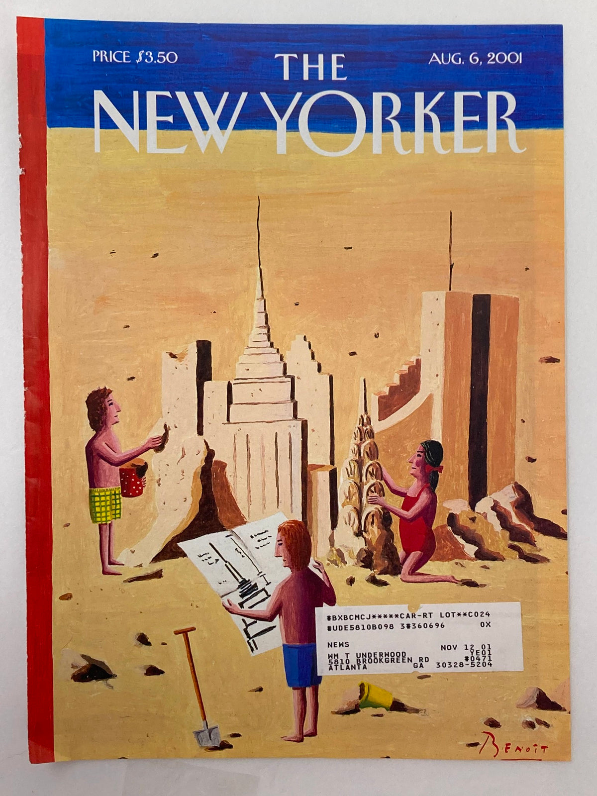 The New Yorker cover from August 6, 2001, titled 'Young Architects' by Benoit van Innis, showcasing playful depictions of children creating sand structures resembling iconic buildings.
