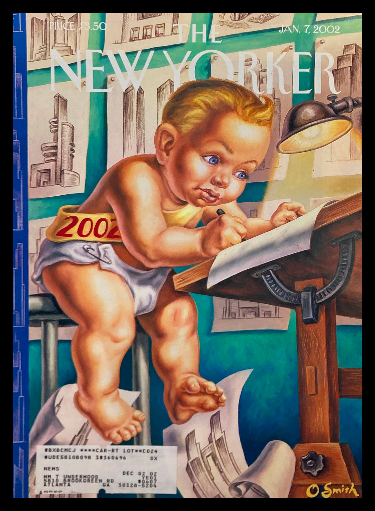 Cover of The New Yorker dated January 7, 2002, featuring artwork by Owen Smith depicting a baby drawing resolutions with a nostalgic 2002 label.