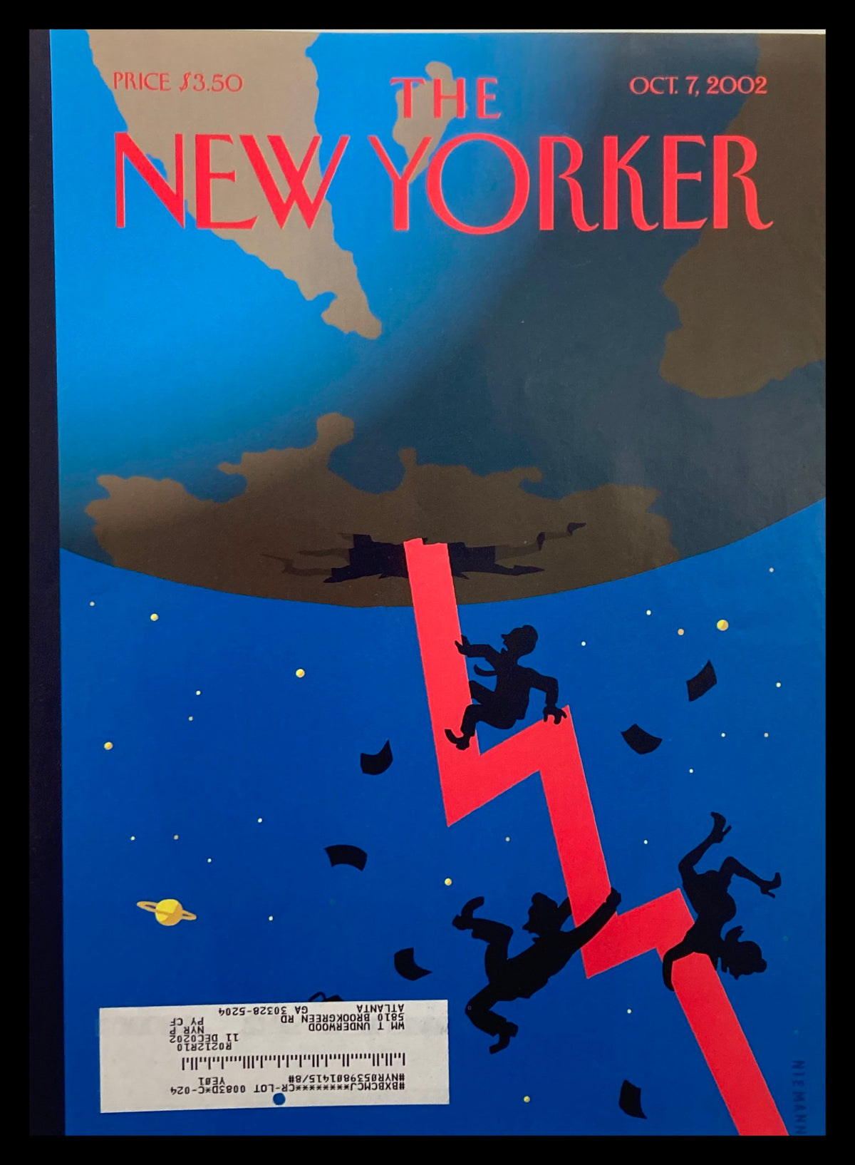 The New Yorker cover for October 7, 2002, featuring the artwork 'Down and Out' by Christoph Niemann. The cover depicts silhouetted figures climbing a vibrant red staircase against a blue background, reflecting themes of urban life.