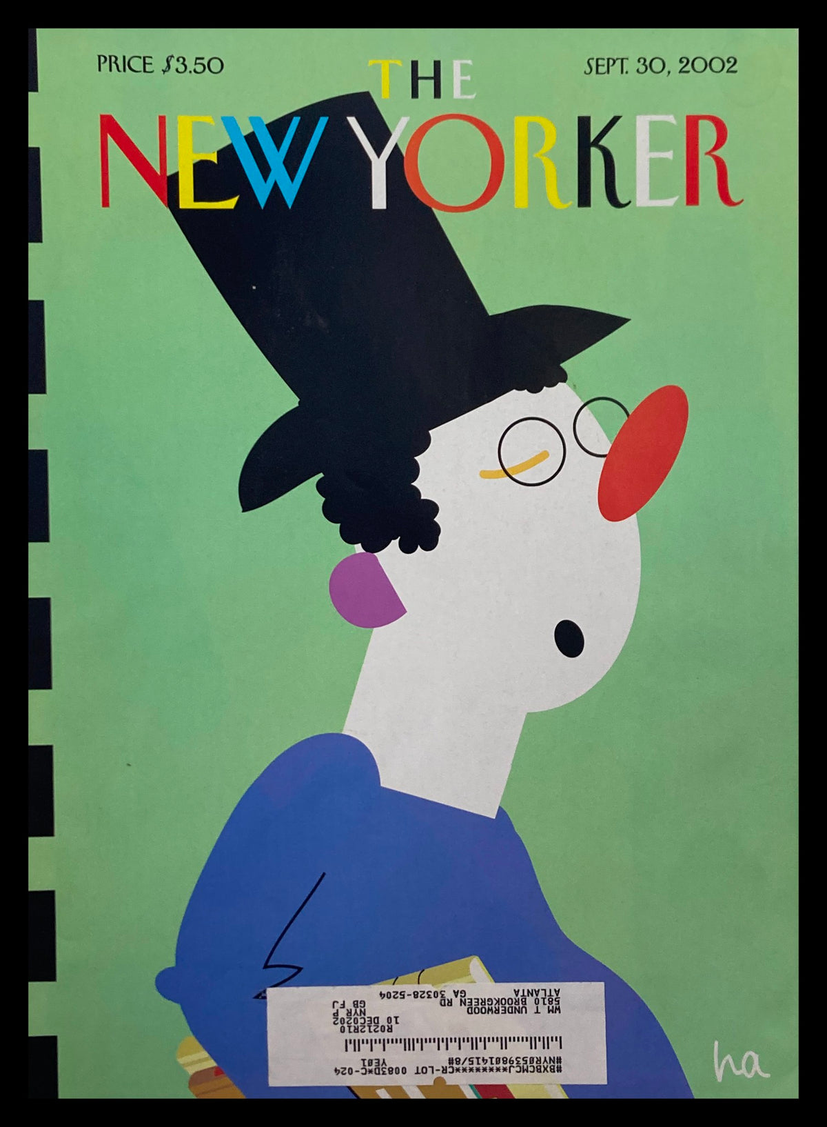 The New Yorker cover dated September 30, 2002, featuring the artwork 'Booksnob' by Bob Zoell, showcasing a whimsical character with a hat and a red nose.