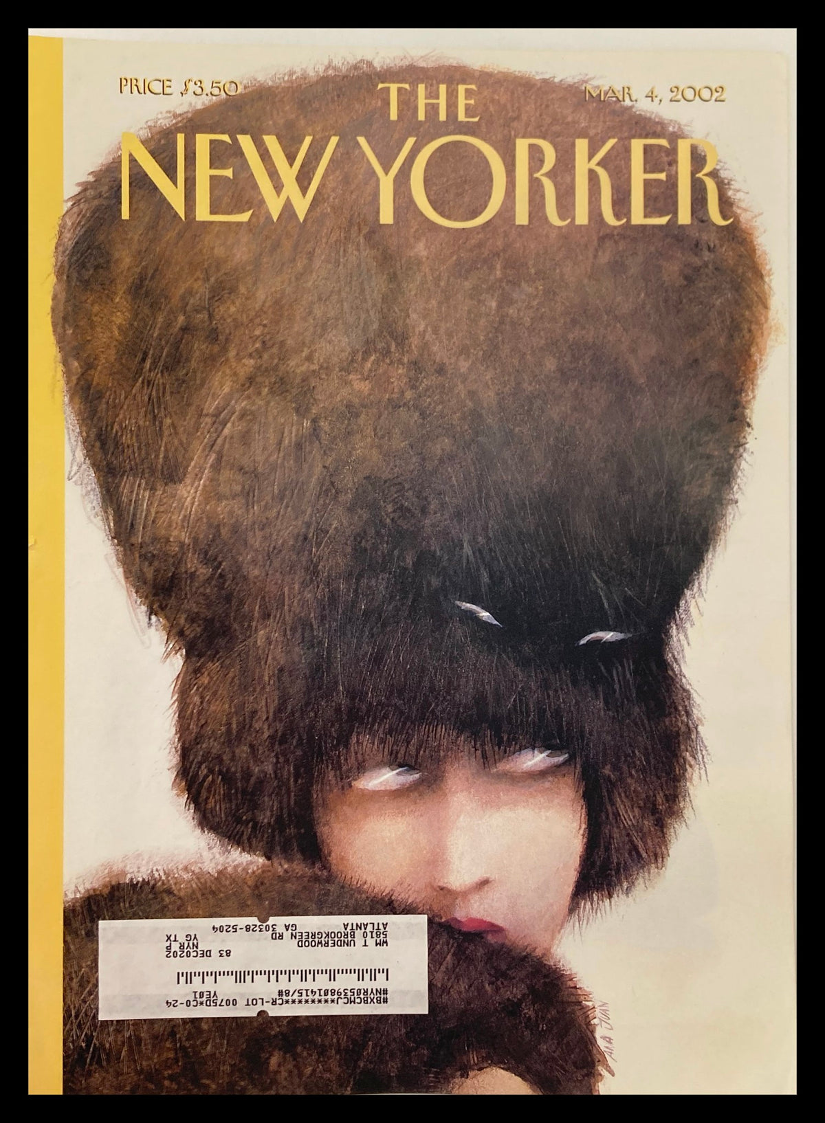 COVER ONLY The New Yorker March 4 2002 features an artistic illustration "Let The Fur Fly" by Ana Juan, showcasing a striking figure with a dramatic fur hat.