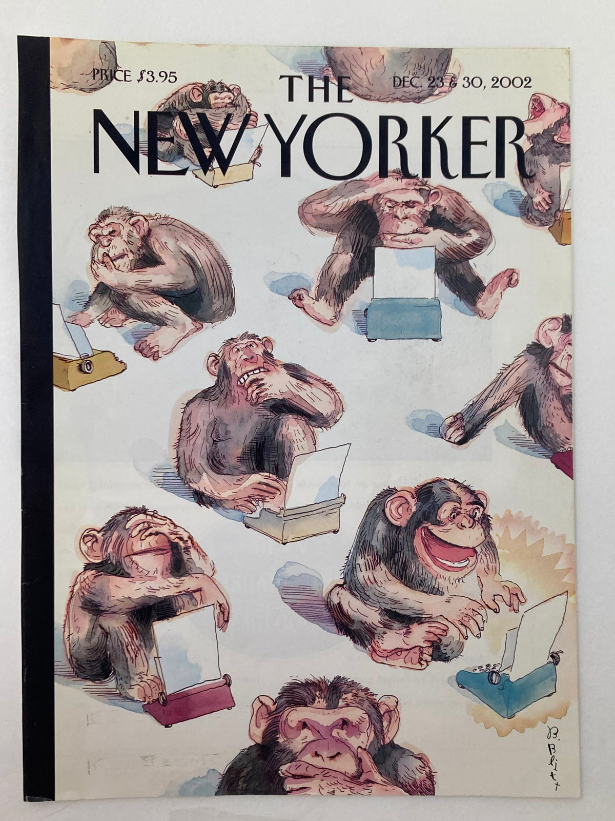 The New Yorker Cover December 23, 2002 displaying playful monkey characters using typewriters, highlighting the magazine's signature wit and artistic style.
