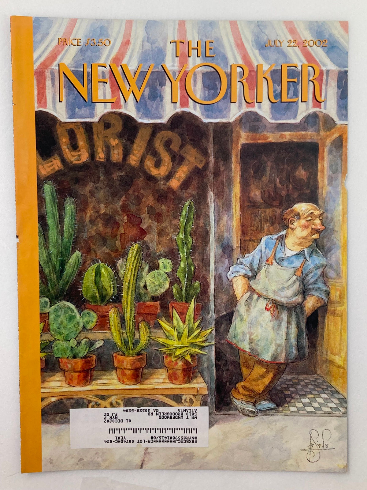 The New Yorker cover dated July 22, 2002, titled 'Prickly Heat' by Peter de Seve, showcasing a playful scene of a florist with various potted cacti.