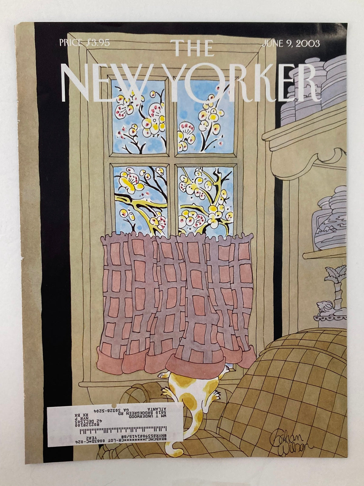 Cover of The New Yorker from June 9, 2003, featuring whimsical artwork by Gahan Wilson depicting a cheerful window scene with floral patterns and a playful yellow cat.