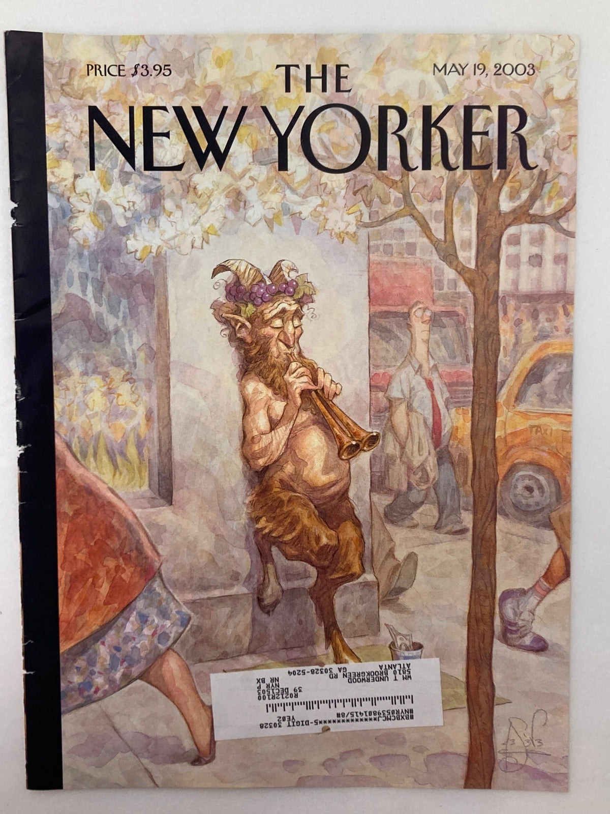 The New Yorker May 19, 2003 cover with the whimsical "Panhandler" illustration by Peter de Seve, showcasing a humorous urban scene with a Panhandler playing music among city streets.