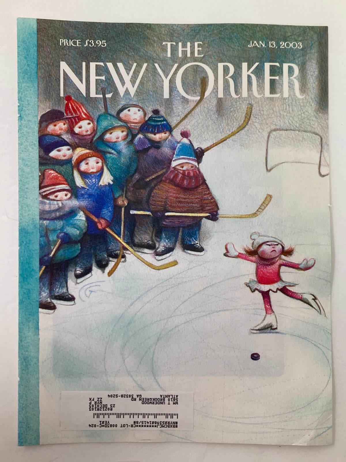 Detailed view of The New Yorker January 13 2003 cover 'On the Ice' by Carter Goodrich, featuring a girl skating against a backdrop of spectators.