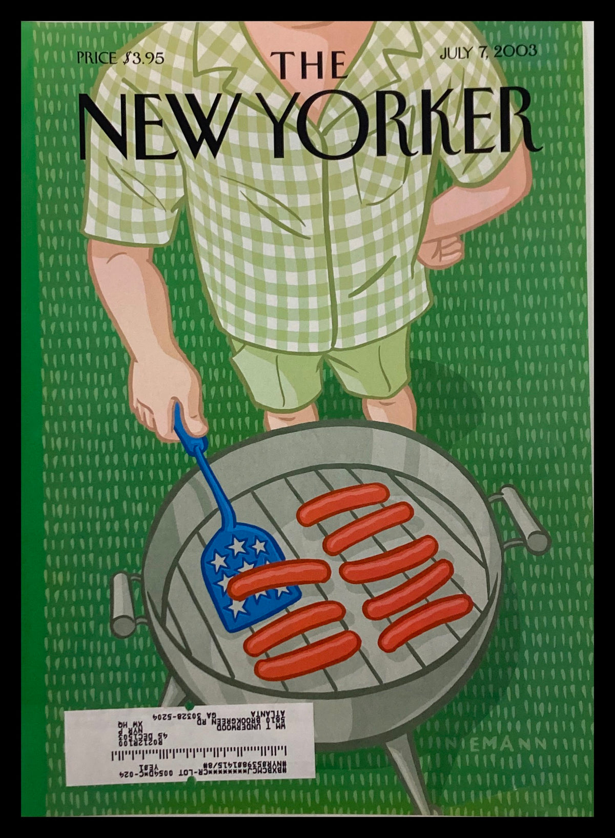 Cover of The New Yorker dated July 7, 2003, featuring artwork titled 'What So Proudly We Hail' by Chris Niemann, illustrating a person grilling hot dogs with a stars and stripes spatula on a green backdrop.