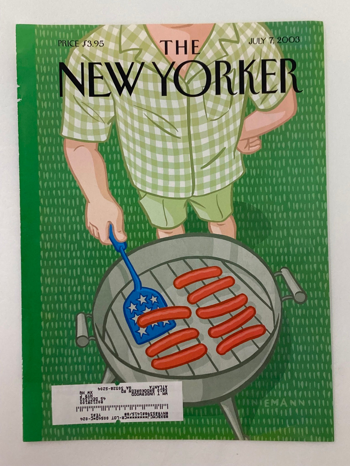 Cover of The New Yorker from July 7, 2003, showcasing 'What So Proudly We Hail' by Chris Niemann, depicting a character grilling hot dogs on a barbecue with an American-themed spatula against a vibrant green background.
