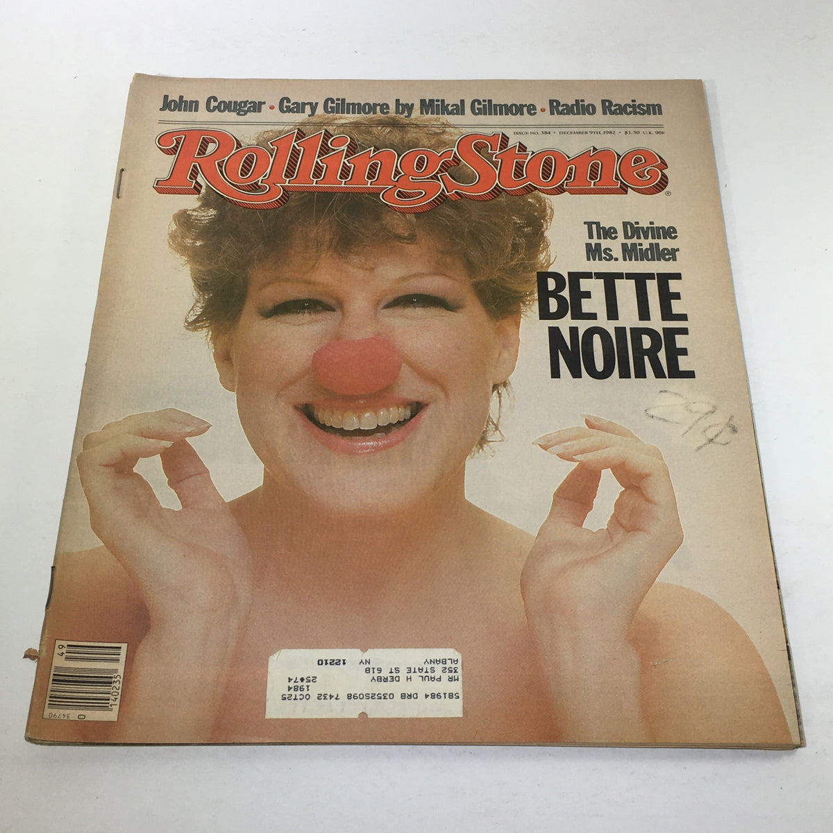 Vintage Rolling Stone magazine cover featuring Bette Midler with a clown nose, titled 'The Divine Ms. Midler', from December 9, 1982.
