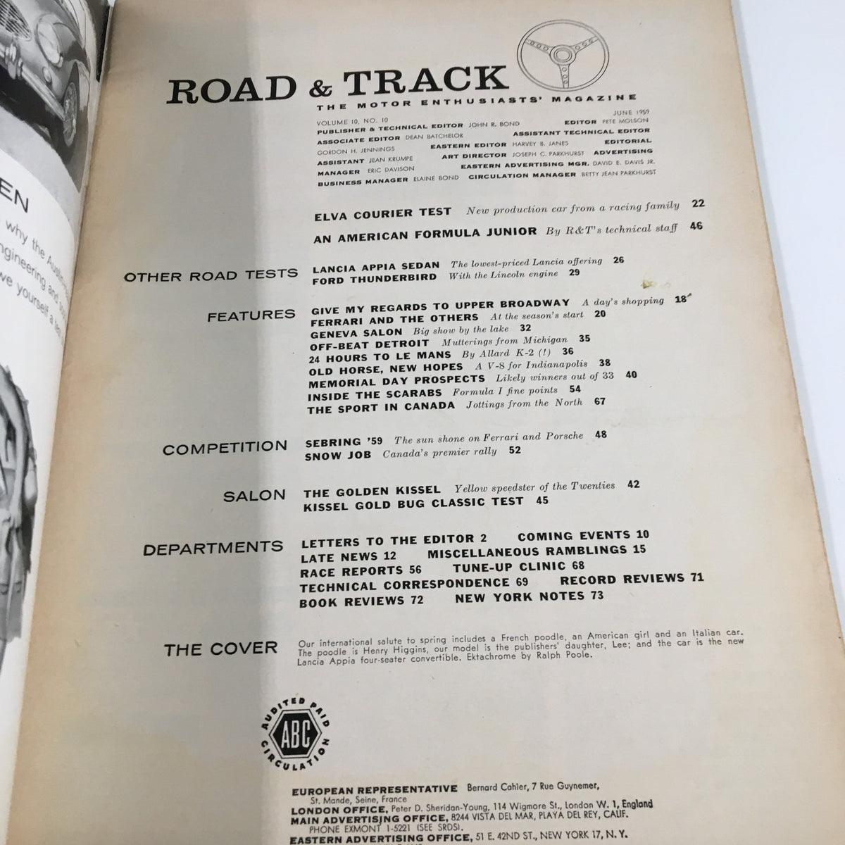 Interior page of VTG Road & Track Magazine June 1959 featuring the table of contents and article listings including 'Elva Courier Test' and 'Give My Regards to Upper Broadway'.