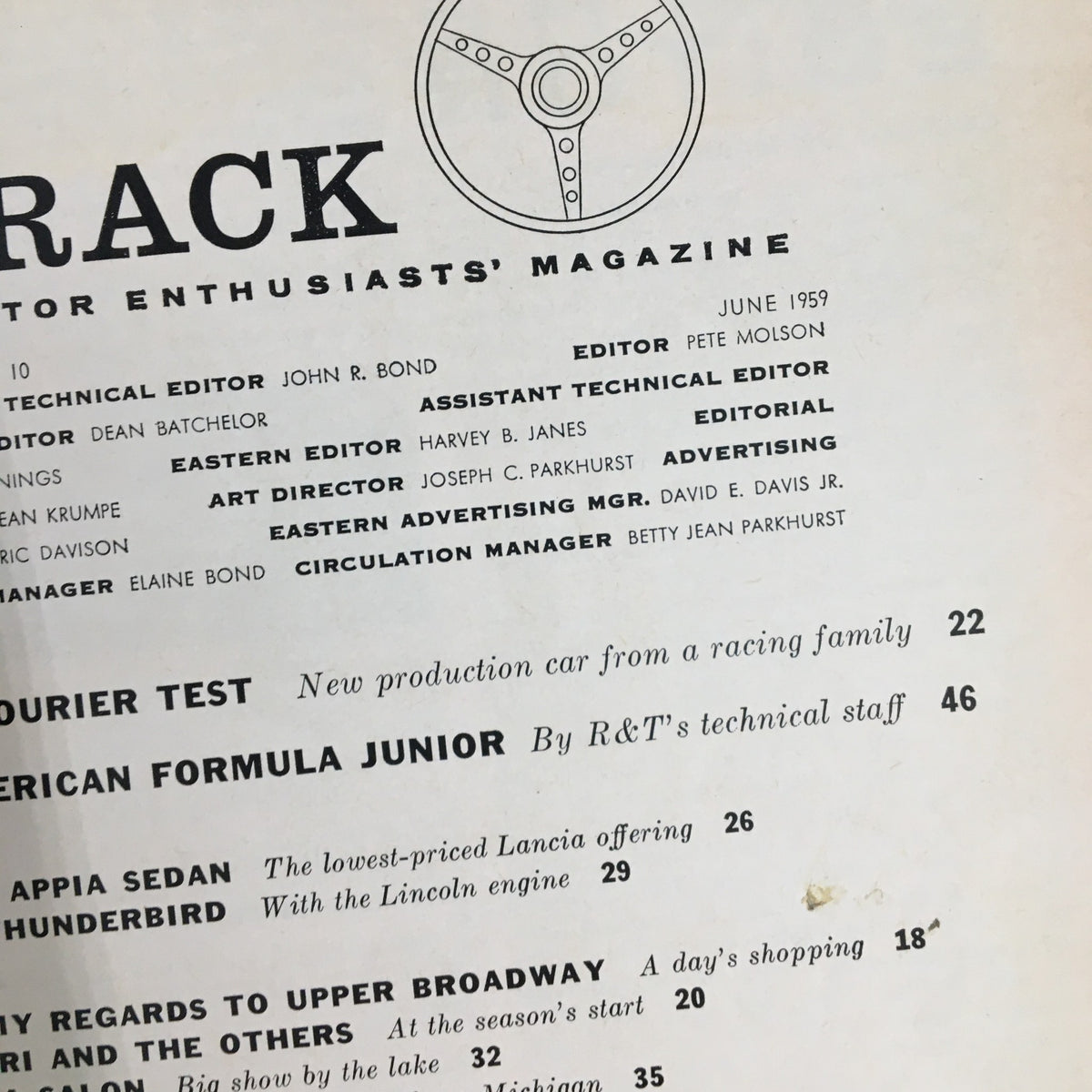 Close-up view of the table of contents from VTG Road & Track Magazine June 1959, detailing features and testing articles of classic automobiles.