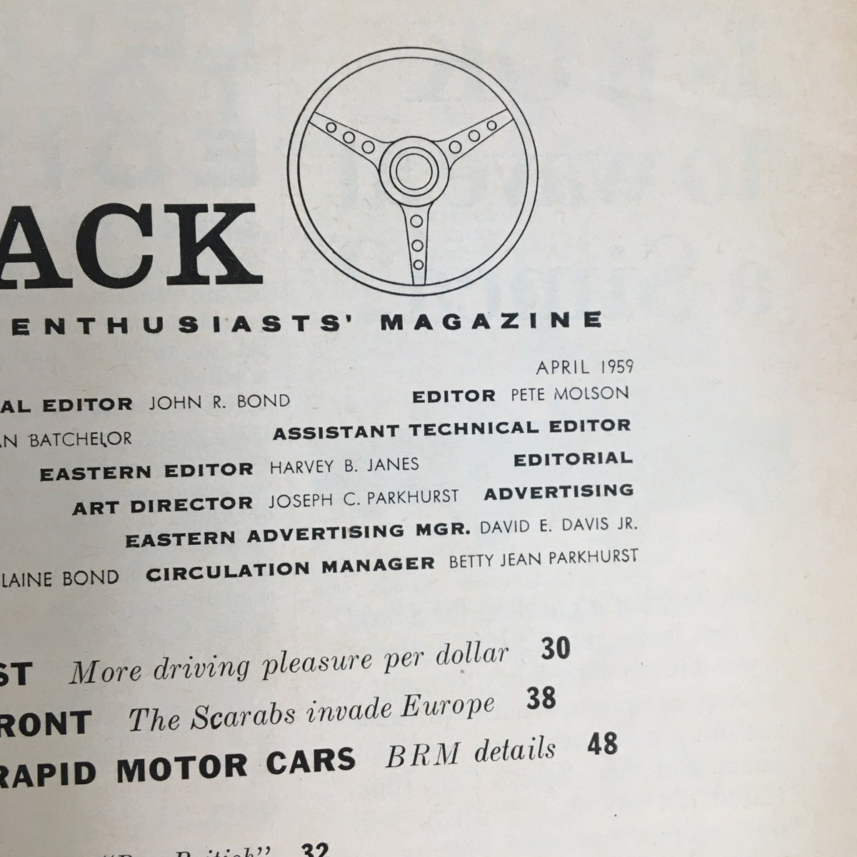 Another interior page from VTG Road & Track Magazine April 1959 displaying editorial information and topics, emphasizing the magazine's focus on automotive design and innovation.