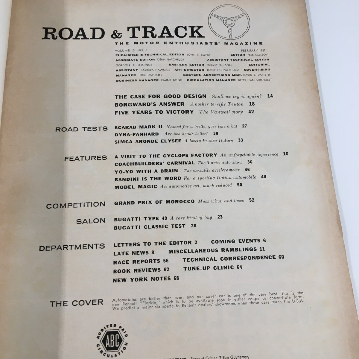 Inside page of VTG Road & Track Magazine February 1959, showcasing the magazine's table of contents with featured articles such as 'A Visit to the Cyclops Factory' and 'Scarab Mark II Road Test'.