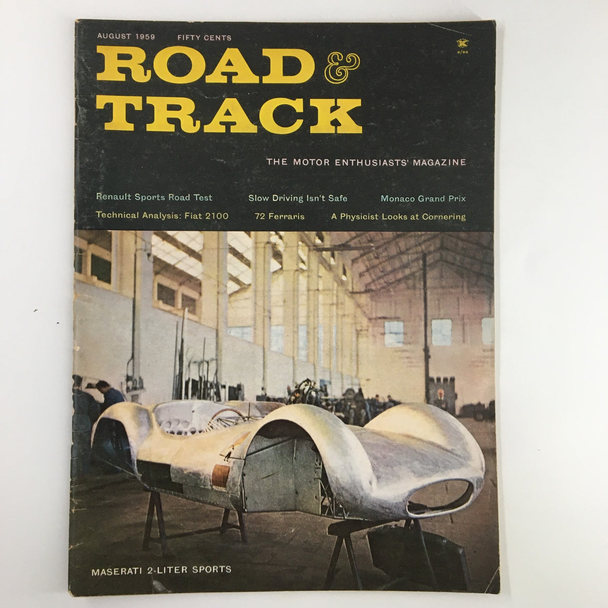VTG Road & Track Magazine August 1959 featuring the Maserati 2-Liter Sports on the cover, showcasing vintage automotive design and journalism.