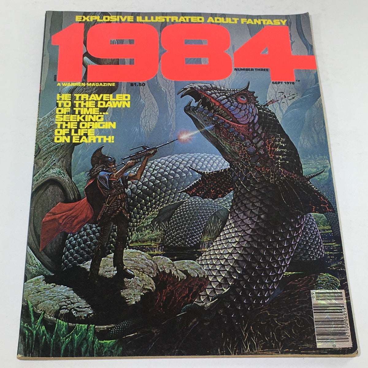 VTG 1984 A Warren Magazine Number Three cover featuring vibrant artwork depicting a fantasy scene with a warrior and a large reptilian creature, published in September 1978.