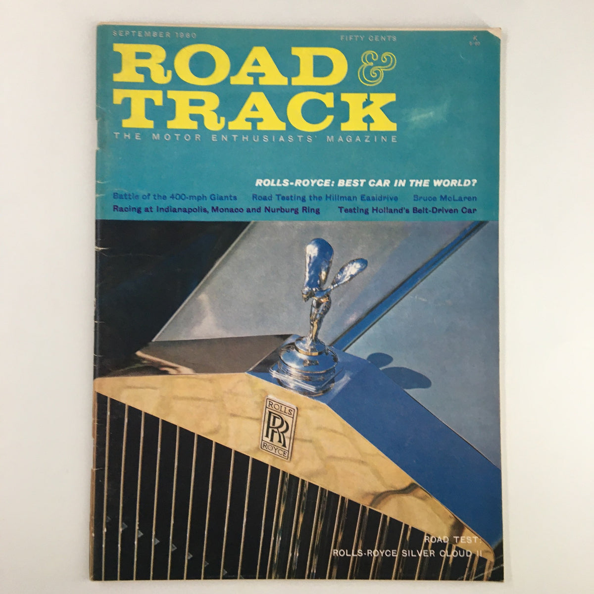 Cover of VTG Road & Track Magazine September 1960 featuring the Rolls-Royce Silver Cloud II with classic automotive design elements.