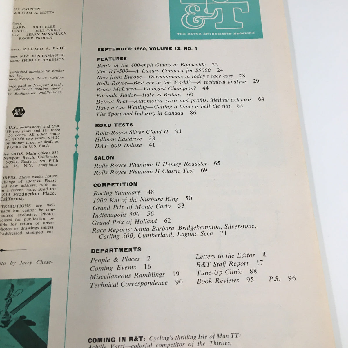 Inside page of VTG Road & Track Magazine September 1960 displaying the table of contents, including features on Rolls-Royce Silver Cloud II.
