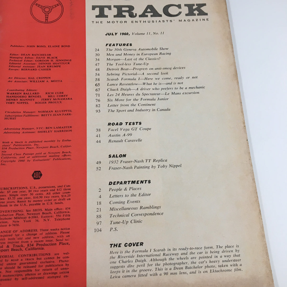 Inside page of VTG Road & Track Magazine July 1960, highlighting articles and features including the Scarab Formula I.