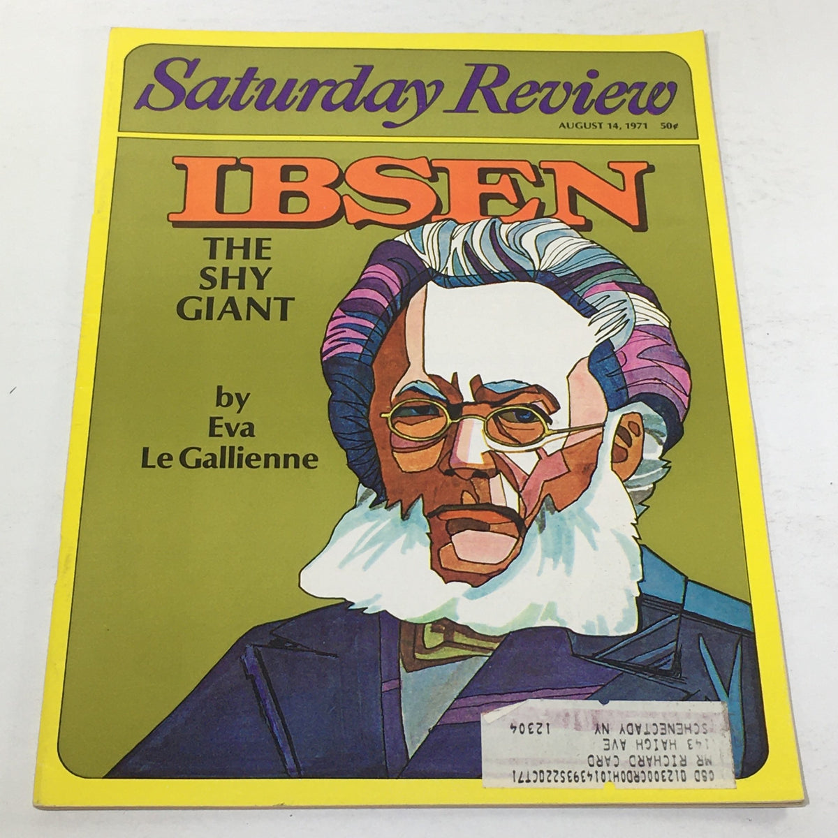 Vintage Saturday Review magazine cover from August 14, 1971, featuring the title 'The Shy Giant' by Eva Le Gallienne, with an illustration of Ibsen and details of minor wear present.