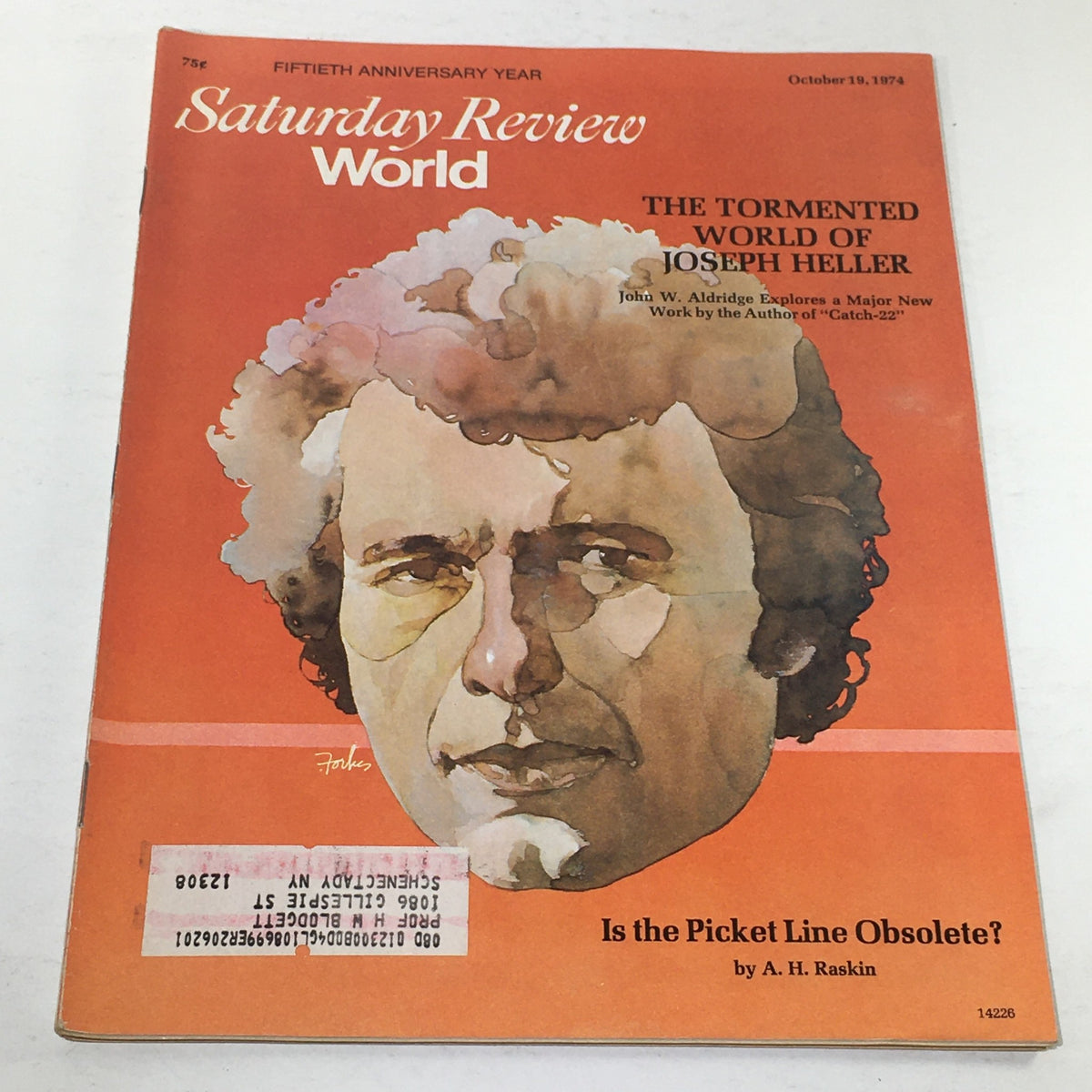 VTG Saturday Review: October 19, 1974 magazine cover featuring an illustration of a man with curly hair, reflecting on the cultural and political themes of the time, includes the title 'The Tormented World of Joseph Heller' and an article by A.H. Raskin.