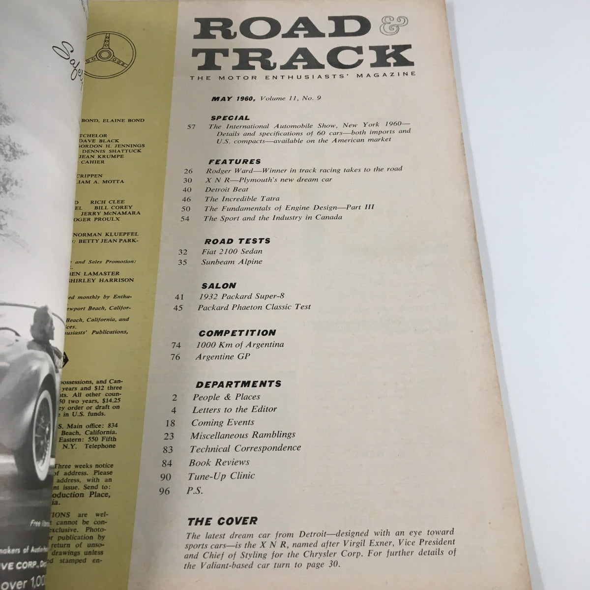 An interior page of the VTG Road & Track Magazine May 1960 listing features, road tests including the Sunbeam Alpine, and articles on various automotive topics. Perfect for collectors and vintage car lovers.