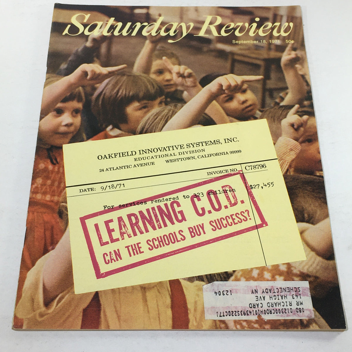 Cover of the VTG Saturday Review from September 18, 1971, featuring a headline about Learning by James A. Mecklenburger, with a colorful illustration of children, a label, and a barcode.