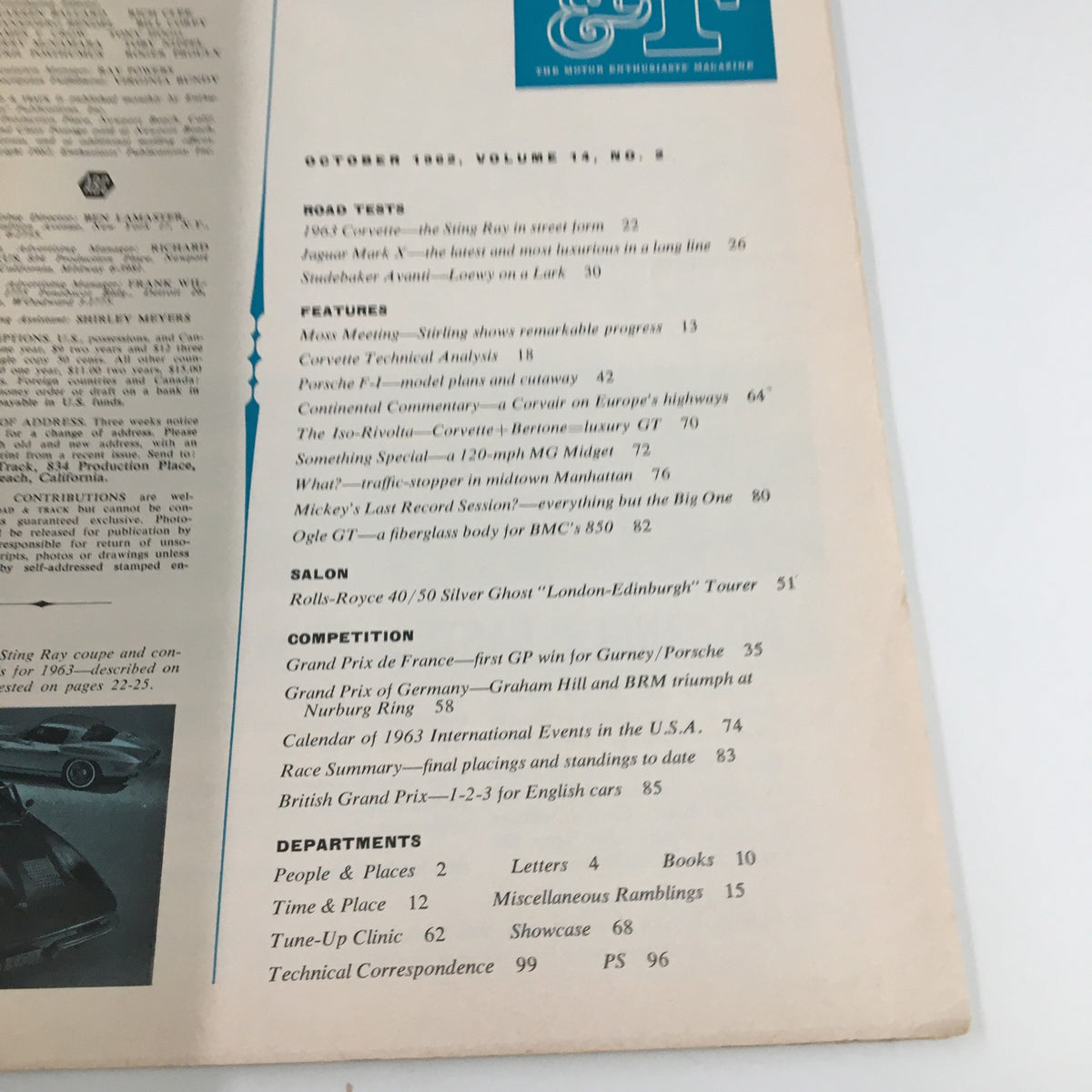 Interior page of Road & Track Magazine from October 1962, showcasing the table of contents, including featured articles on classic cars and automotive testing.