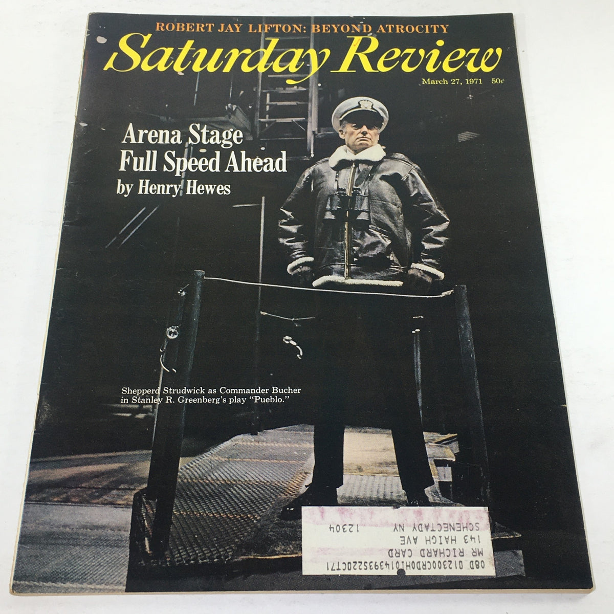 Vintage magazine cover of Saturday Review from March 27, 1971 featuring the title 'Arena Stage Full Speed Ahead' by Henry Hewes, showcasing an image of a naval officer on the front.