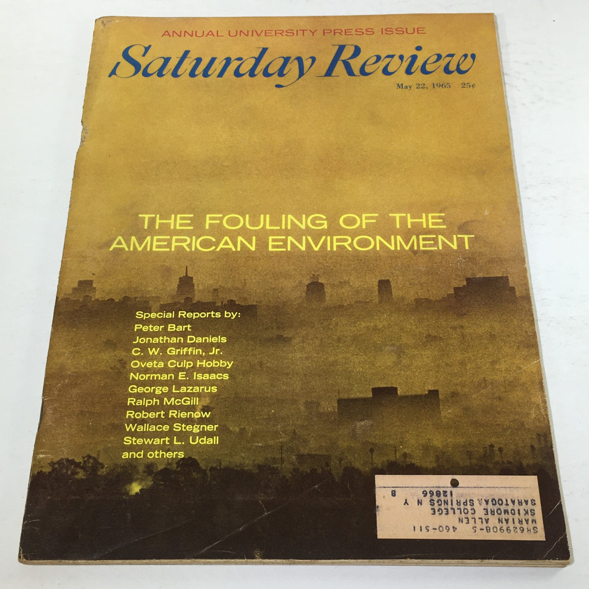 Cover of the VTG Saturday Review: May 22, 1965 featuring an article on 'The Fouling of the American Environment' with special reports by Peter Bart and various contributors.