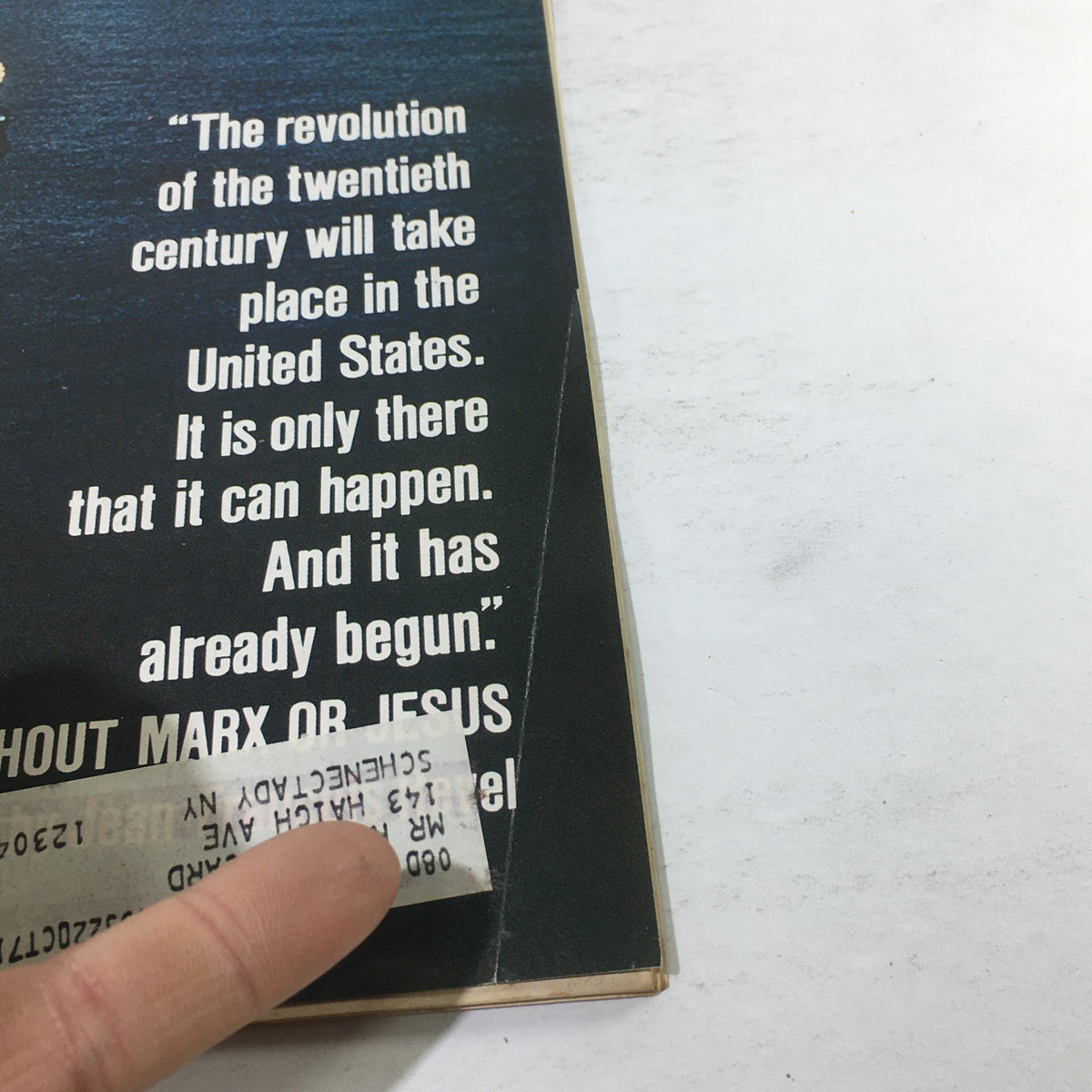 Close-up view of the back cover of VTG Saturday Review July 24, 1971 showcasing a significant quote about societal change along with a visible address label.