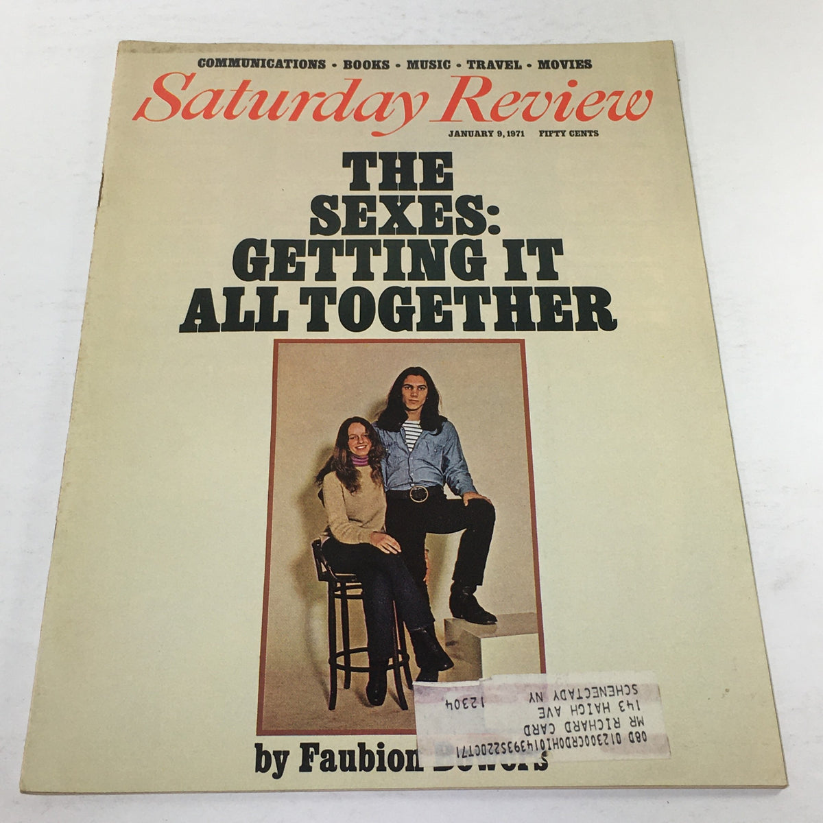 Cover of the VTG Saturday Review from January 9, 1971, titled 'The Sexes: Getting It All Together' by Faubion Bowers. The image features two individuals posed together, reflecting the theme of gender dynamics.