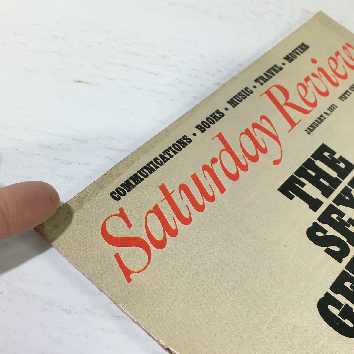 Cover of the VTG Saturday Review from January 9, 1971, featuring the title 'Saturday Review' along with categories such as Communications, Books, Music, Travel, and Movies, highlighting the theme 'The Sexes Getting It All Together' by Faubion Bowers.