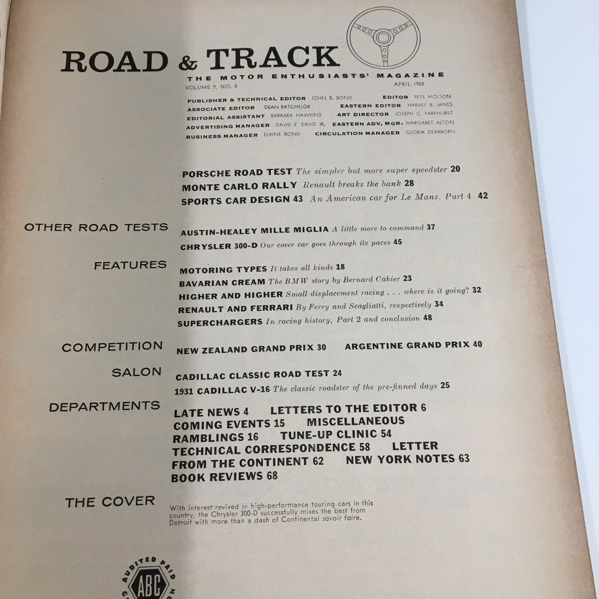 Interior page of VTG Road & Track Magazine April 1958 displaying the table of contents with features including the Austin-Healey Mille Miglia road test.