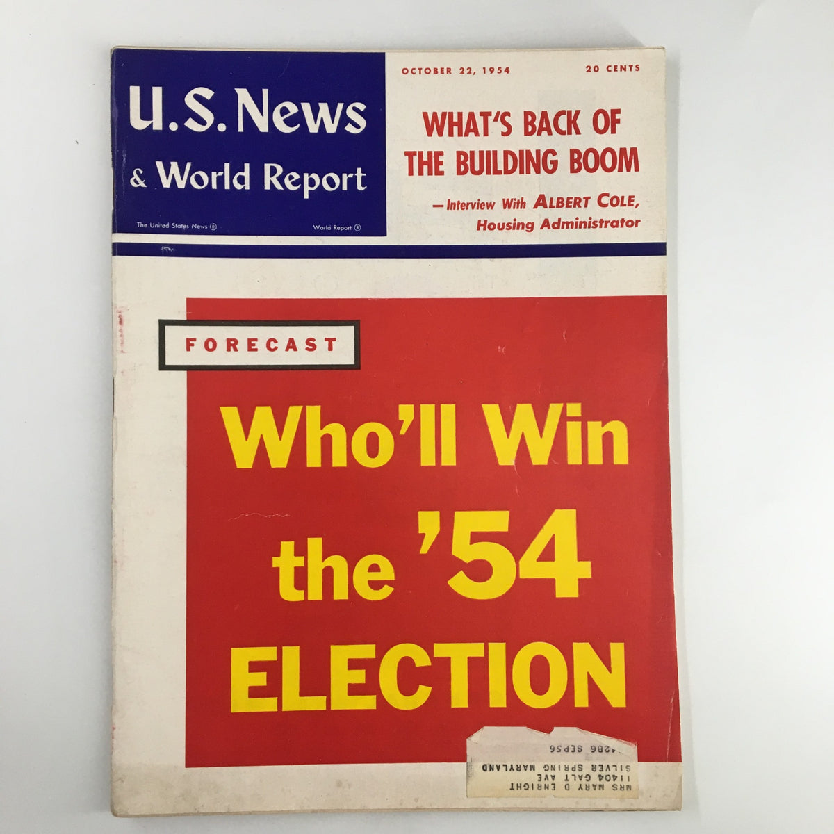 Cover of US News & World Report Magazine from October 22, 1954, featuring the headline 'What's Back of The Building Boom' and a forecast on the 1954 election.