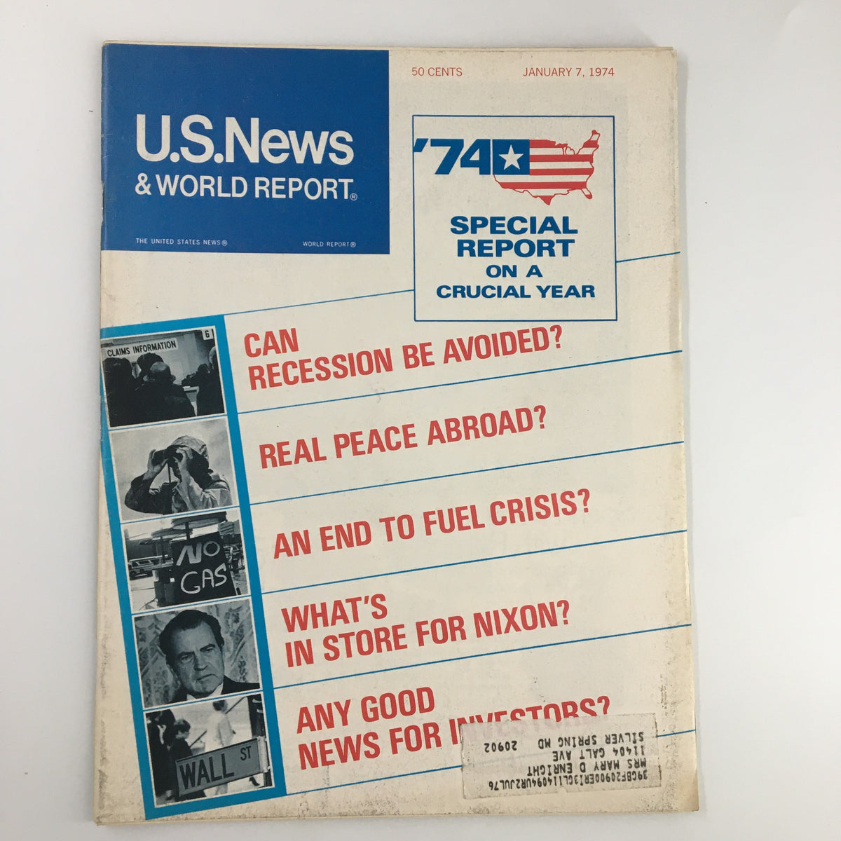 Cover of US News & World Report Magazine dated January 7 1974, featuring headline 'What's In Store For Richard Nixon?', along with key topics like recession, peace, fuel crisis, and investor advice.