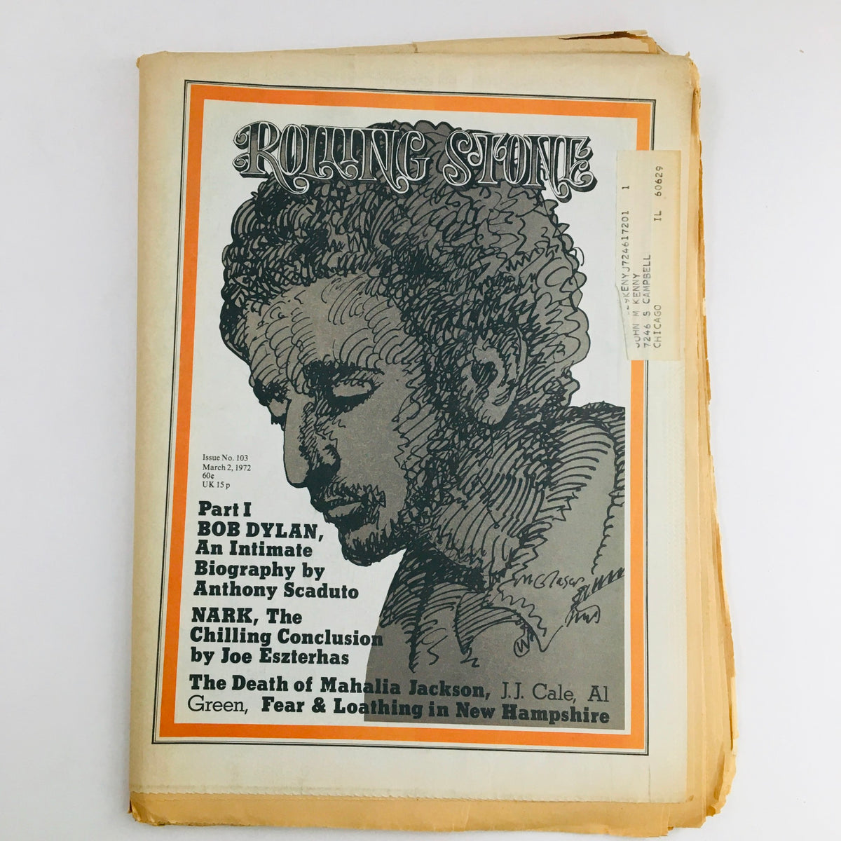 Cover of Rolling Stone Magazine March 2, 1972 featuring Part I of Bob Dylan: An Intimate Biography by Anthony Scaduto, showcasing a detailed illustration of Bob Dylan.